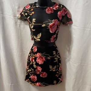 Chic Black Mini Dress with Red Floral Embroidery